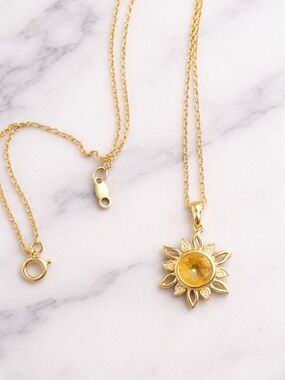 Gold Sunburst Yellow Crystal Pendant Necklace 925 Sterling